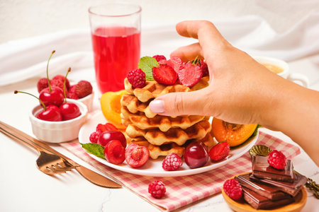 Homemade baked traditional Belgium waffles with berryの写真素材