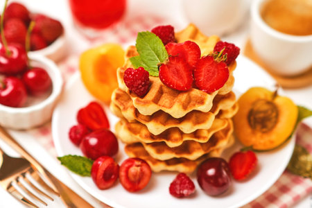 Belgian waffles with strawberries, apricots, cherries, juiceの写真素材