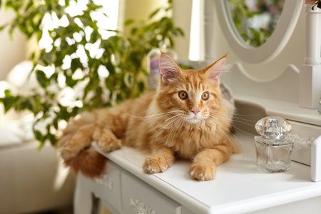 cute red fluffy Maine Coon cat lies on a white boudoir makeup tableの写真素材