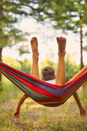 Cute little boy having fun with multicolored hammock in the backyard. Summer active leisure for kids. child on hammock. Activities and fun for children outdoors. selective focusの写真素材