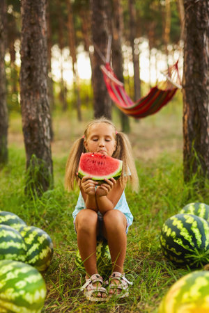 Summer season of watermelons. Picnic with a hammock in the forest. A cute little girl sits on a watermelon in the forest or garden and eating a sweet watermelonの写真素材