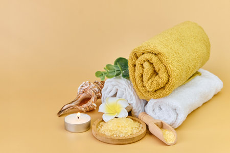Set for SPA procedures, towels, sea saltの写真素材
