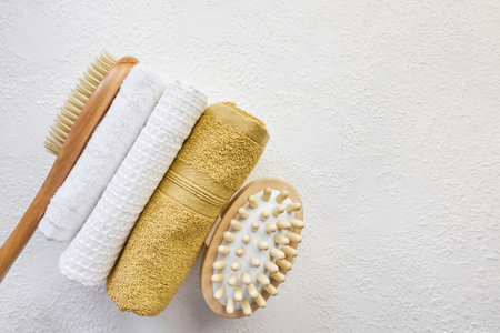 Natural bamboo massage brushes and towels for spa massage.の写真素材