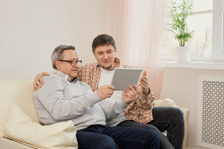 young male glad to explain work online in app on laptop to beloved mature dad.の写真素材