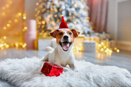 Cute and Funny Jack Russell Terrier is waiting for the holiday at home.の写真素材