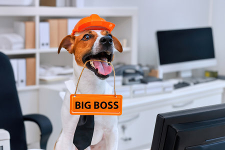 Dog Jack Russell Terrier - engineer in a construction helmet, in a black tie, holding an orange sign with the inscription Big Boss, sitting at a table in a modern office.の写真素材
