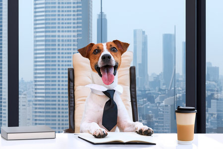 Dog jack russell terrier in glasses and a tie sits at a deskの写真素材