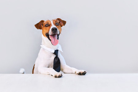 Jack russell terrier dog with tie on white background. Copy spaceの写真素材