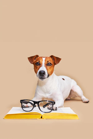 Cute dog jack russell terrier lying with book, reading and studyingの写真素材