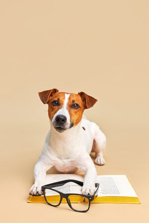 Cute dog jack russell terrier lying with book, reading and studyingの写真素材