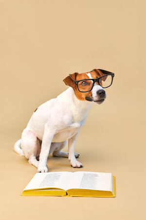 Cute dog jack russell terrier lying with book, reading and studyingの写真素材