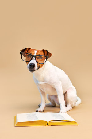 Cute dog jack russell terrier lying with book, reading and studyingの写真素材