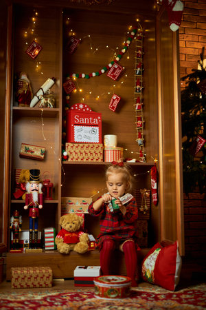 Merry Christmas and Happy Holiday. A little girl in a plaid dressの写真素材