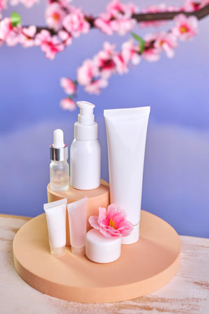 Bottles and tubes for cosmetics on a round podium and branches of cherry blossoms on a sky backgroundの写真素材