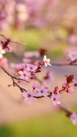 Spring widescreen banner, branches of blossoming cherry against background on nature outdoors. Pink sakura flowers, dreamy romantic image spring, landscape panorama, copy space.の写真素材
