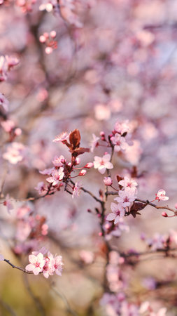 Spring widescreen banner, branches of blossoming cherry against background on nature outdoors. Pink sakura flowers, dreamy romantic image spring, landscape panorama, copy space.の写真素材