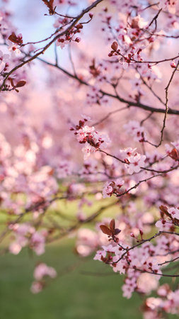 Spring widescreen banner, branches of blossoming cherry against background on nature outdoors. Pink sakura flowers, dreamy romantic image spring, landscape panorama, copy space.の写真素材