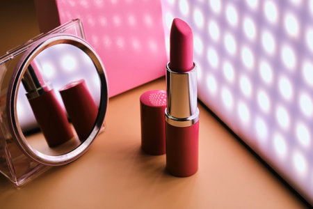 Creative photo of open pink lipstick in the dark, against the background of led light, with reflection in a round mirror. Blog concept about beauty, makeup and glamor.の写真素材