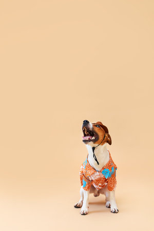 Cute and funny dog of the Jack Russell terrier breed in a cowboy hat and Hawaiian shirt on a sand-colored background. Travel preparation and planning. Close-up, indoors. Studio shot. Concept of recreation, travel and tourism. Pets careの写真素材