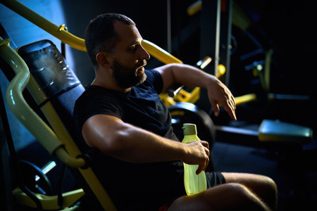 Satisfied with his work out. Handsome middle aged man sitting in a dark gym on a bench with a bottle...