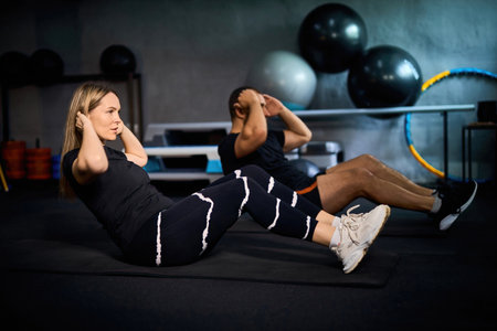 Two middle-aged athletes exercising together in fitness. Attractive handsome sportsman and sportswomen doing sit-up cardio workout to maintain strong muscle for health care in gym club.の写真素材