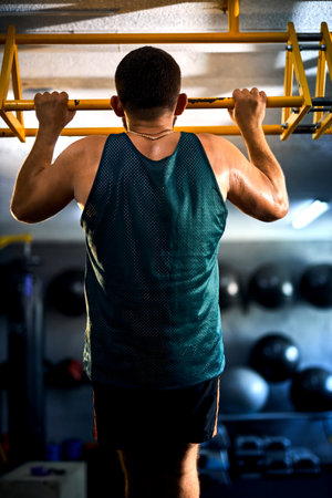 Back view of a strong man doing pull ups in a gym. Fitness and bodybuilding training health lifestyle conceptの写真素材