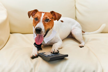 Cute Jack Russel terrier dog wearing glasses and tie accountant thinking and calculating with calculator on sofa. Pets indoors. Working at home, making Money, big business Bossの写真素材
