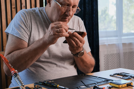 Mature Men wearing denim shirt working with electronic components at his home officeの写真素材