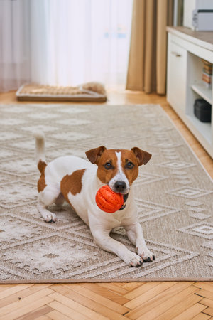 Cute Jack Russell Terrier playing with favorite toy. Small dog with orange rubber ball for pets at home. Close up, copy space, cozy interior backgroundの写真素材
