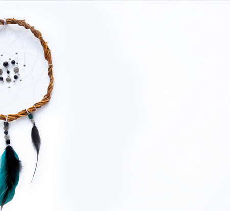 A white banner with space for text on the right. Part of the Dreamcatcher, made of willow vines, white threads, beads, colored green and black feathers, placed vertically. Scandinavian style.の写真素材