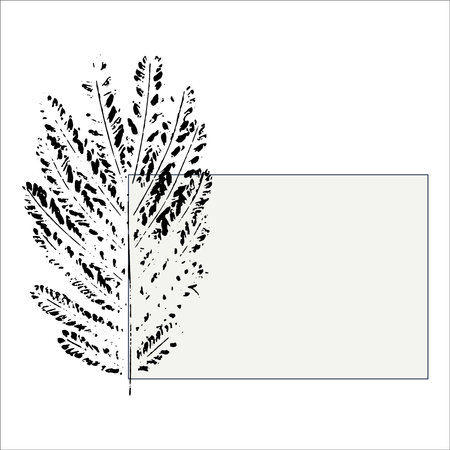 Abstract gray rectangle background with black frame for text with ink black abstract branch leaves prints on the side. Vector. Quote text info design. Template for social networks stories and posts.のイラスト素材