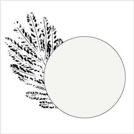Abstract gray round background with black frame for text with ink black abstract branch leaves prints on the left. Vector. Quote text info design. Template for social networks stories and posts.のイラスト素材