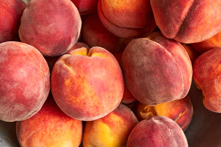 Perfect ripe orange peaches. A bunch of fresh peaches. Summer fruit harvest. Summer horizontal background for design. Top view.の写真素材