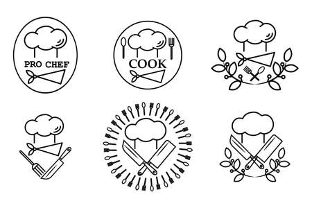 Culinary vector templates with cooking supplies, hats and neckerchief. Isolated over white background.Restaurant, culinary symbol, vector illustration.Contour icons for logos labels, stickers, postersのイラスト素材
