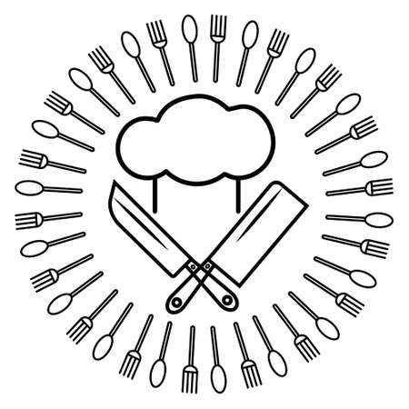 Chef hat, chef's knife and cleaver icon in forks and spoons frame isolated on white background. Modern symbol for logo of restaurant, cafe, pizzeria. Flat vector illustration for graphic and web desigのイラスト素材