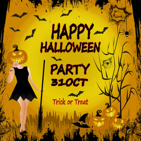Happy Halloween party invitation festive background. Vector illustration. Bats, pumpkins, magic cap, spiders, cobweb, broom, witch with candy and pumpkin on her head.のイラスト素材
