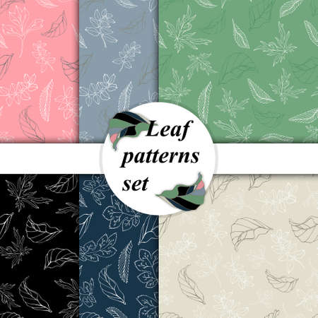 Set of vector backgrounds from leaves. Abstraction from leaves. Hand drawing, seamless pattern of leaves. Set of trendy prints for textile, clothing, wallpaper or wrapping paper design.のイラスト素材