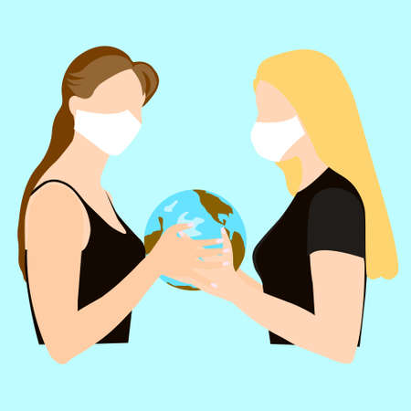 People wearing protective medical masks during the coronavirus protect the planet with their hands. People in medical masks. Coronavirus. Covid-19. Vector illustration.のイラスト素材