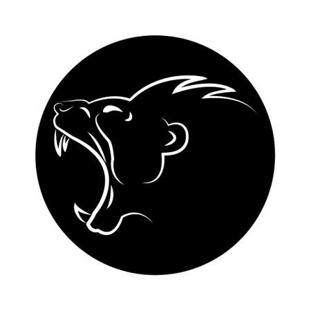 Linear image of a wild beast isolated on a black background. The roar of the beast. Head of a roaring lion. Sketch of the head of a lion or wild animal. Vector illustration. Lion icon. Black and whiteのイラスト素材