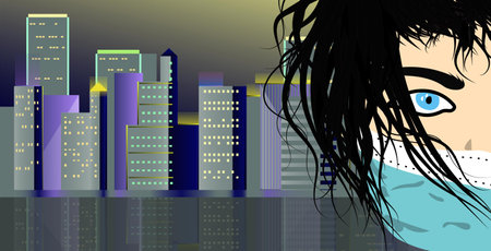 A woman in a medical mask on the background of the evening city. A girl in a mask during the coronavirus against the backdrop of skyscrapers in a big city. Vector illustration of a modern lifestyle.のイラスト素材
