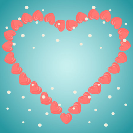 Beautiful abstract illustration with pink heart shaped frame on turquoise background for banner design. Empty space. Holiday wedding.のイラスト素材