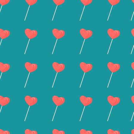 Lollipops in the shape of a pink heart on a turquoise background. Background from sweet tasty candies. Sweet candy hearts are scattered over the surface. Lollipops stick.のイラスト素材