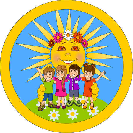 Cute colorful cartoon illustration of happy children and the sun that hugs them. Happy Friendship Day, Happy Children's Day, background poster with young children. Best friends forever.のイラスト素材