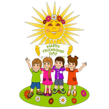 Vector colorful cartoon illustration of children celebrating Friendship Day under the rays of the gentle sun. Happy boys and girls embracing under the sunbeams of the kind sun.のイラスト素材