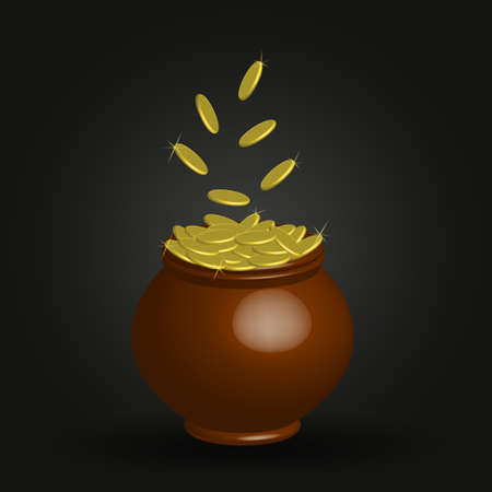 Ceramic pot with gold coins isolated on dark background. Full pot of gold coins 3d illustration. A pot of money is a treasure with gold under the ground.のイラスト素材