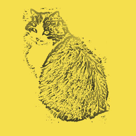 Domestic purebred fluffy cat in gradients of gray color isolated on yellow background. Portrait of a lovely pet. Can be applied to paintings, T-shirt prints, bags, wallpapers and more.のイラスト素材