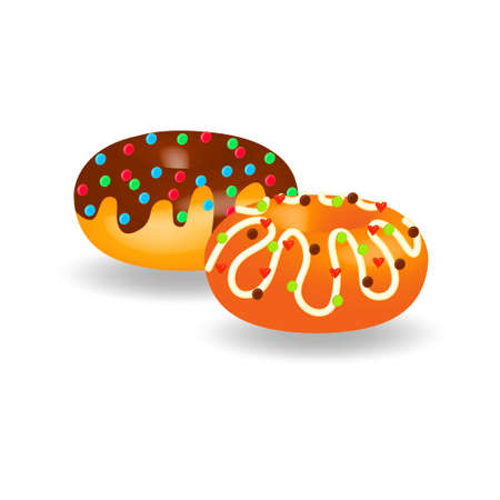 Appetizing sweet colorful donuts isolated on white background close-up. Realistic 3d illustration of donuts with chocolate and white icing. For advertising, menu, banner, card.のイラスト素材