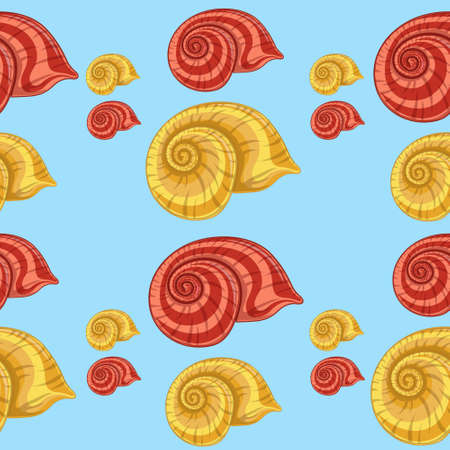 Seamless pattern with yellow and red shells on a blue background. Carrot design with seashells. Vector background for wrapper, wallpaper, fabric, background for a computer or phone.のイラスト素材