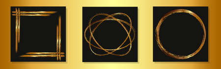 Set of golden abstract frames and borders for any design on a dark background. Vintage gold frames for photos and other purposes.のイラスト素材