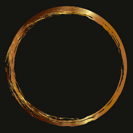 Round gold frame on a black background. Drawn textured borders for graphic design or decoration. Gold border.のイラスト素材